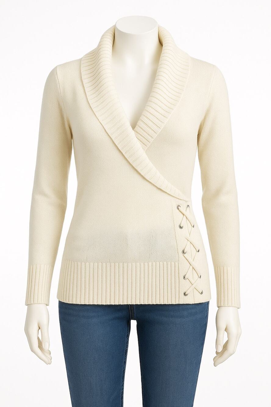 White Venus L Knitted Sweater 100% Acrylic Side Lacing , Cow Neck